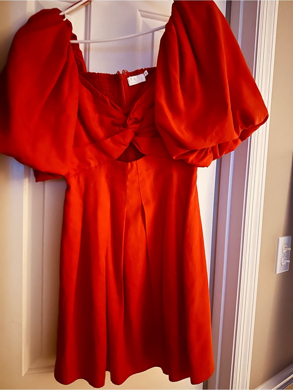 Red Puff-Sleeve Mini Dress with Front Knot Detail